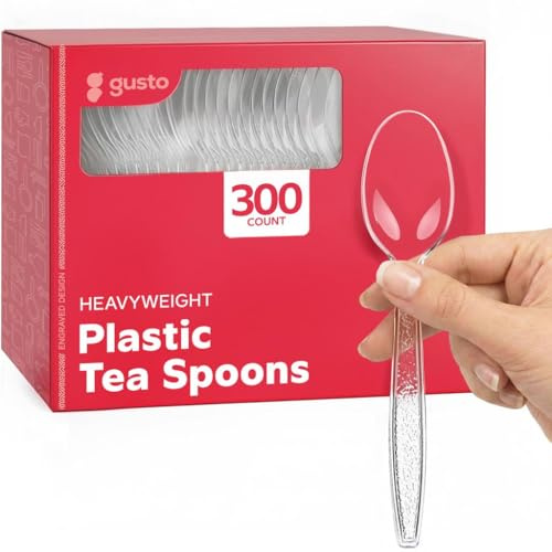 GUSTO [300 Pack] Heavyweight Clear Plastic Tea Spoons with Engraved Design - Disposable Sturdy Plastic Utensils for Parties, Weddings, and Events (Formerly Comfy Package)