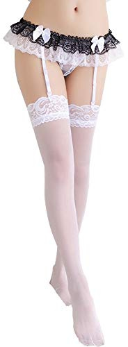 VicSec Ligueros Mujer Sexy con Medias Altas, [3 Piezas] Ligueros Encaje Fina Erótica Ropa Interior Misterioso Ajustables Liga Tirantes con Calcetines a Muslo G-string Tanga para Boda Novia (Blanco)