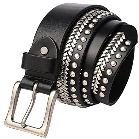 DFGGE 3 Reihen Nieten Echtes Leder Hand Gemacht Gürtel Punk Gothic Style Hip Hop Rock Nietengürtel Damen Und Herren Mit Silberfarbener Dornschließe Ledergürtel,Schwarz,120cm/waist:40~42