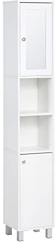 kleankin Tall Bathroom Storage Cabinet with Mirror, Wooden Freestanding Tower Cabinet with Adjustable Shelves for Bathroom or Living Room, White