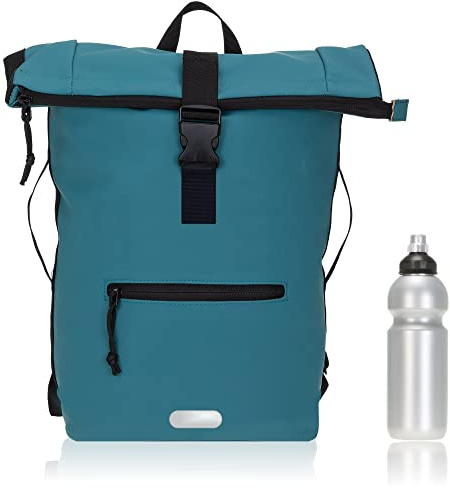 Elephant Rucksack Time Bag A4 Plane 12825 Petrol Uni +Flasche | Damen Herren Kurierrucksack Roll-Top Fahrradrucksack Sport Fitness 23 Liter Freizeit Brustgurt Fahrrad Laptopfach