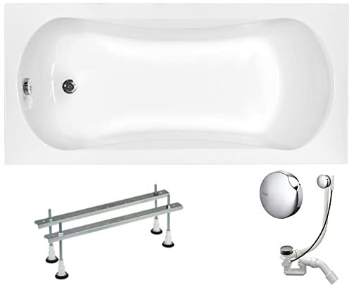 VBChome Acryl Badewanne 140x70 cm Weiß Rechteck Wanne Siphon Wannenfüße Design Modern Ablaufgarnitur in Chrom