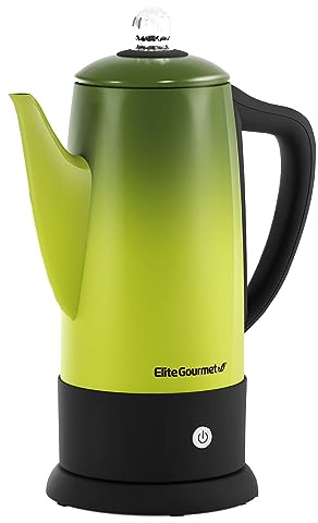 Elite Gourmet EC812G Vintage 50’s Electric Coffee Percolator Clear Brew Progress Knob Cool-Touch Handle Cord-less Serve, 12-Cup, Retro Green