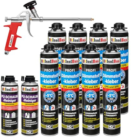 Isolbau B2 Dämmstoffkleber SET - 8 x 750 ml Perimeterkleber, 2 x PU-Schaum-Reiniger & 1x Schaumpistole für EPS & XPS-Platten - 1K PU-Klebeschaum für Fixieren und Dämmung