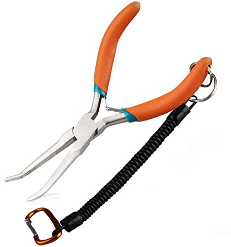 LEONTOOL Small Bent Needle Nose Pliers for Jewelry Making Angled Needle Nose Pliers with Serrated Jaw Needle Remover Pliers with Lanyard Curved Handle Working in Tight Spaces, Yellow Green, 6''