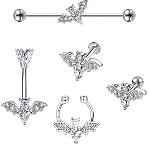 Longbeauty 2 - 5 Stück Fledermaus Piercing Set Halloween Körperschmuck Hufeisen Nasenring Hoops Labret Lippenpiercing Tragus Ohrring Bauchnabelring Industrial Barbell Nippelpiercing Ohrstecker Zirkonia Edelstahl 14G 16G