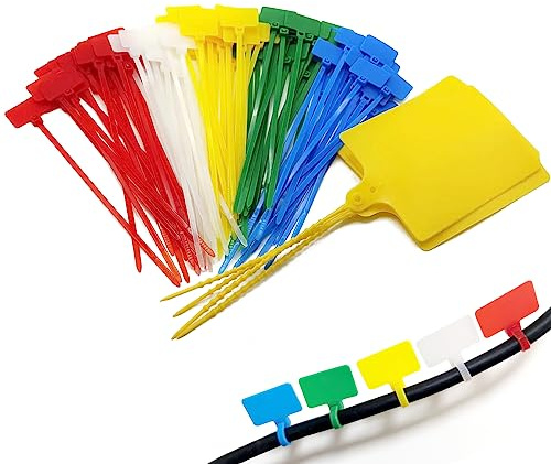 TidyTie Cable Marker Tie Tags, 104Pcs Self-Locking Zip Tags Write on Label, Nylon Wire Label Multicolor Network Marking for Home Office-5 Colors/6Inch