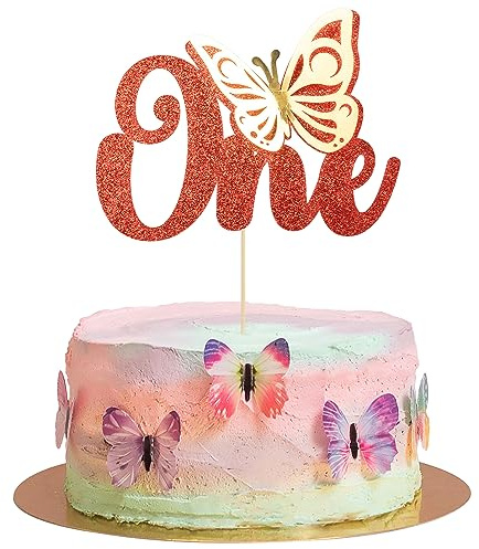 Gyufise 1Pcs Butterfly One Cake Topper Red Glitter Baby Shower Butterfly 1st Birthday Cake Pick Decorations for Butterfly Theme Baby Shower Kids 1st Birthday Party Supplies