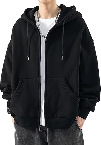 OLIPHEE Sweat à Capuche Homme Sweat Zippé Couleur Unie Pull Homme Manches Longues avec Poches Sweatshirt Sportswear Veste a Capuche Homme Hoodie Casual Ample Printemps Été Automne A-Noir L