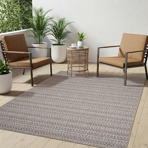 TAPISO Melissa In & Outdoorteppich Braun Beige Grau Streifen 80 x 150 cm | UV-Resistent strapazierfähiger Teppich mit Sisaloptik für Küche Flur Wohnzimmer Balkon Terrasse Modern OEKO-TEX