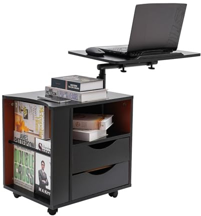 soudesileim Nachttisch Mit 2 Schublade, 60x40x70-90cm Sofatisch Höhenverstellbar, Beistelltisch Holz Mit Rollen, Anti Rutsch Leitblech Design, Für Schlafzimmer, Wohnzimmer (Schwarz)
