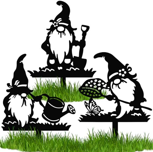 Sutowe 3Pcs Garden Gnome Silhouette, Black Standing Gnome Stakes Decorations Cute Metal Art Ornament Decor for Home Lawn Yard Backyard