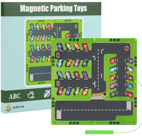 JadeLink Magnetspiel Parkhaus und Alphabet, Montessori Spielzeug ab 2 3 4 5 6 Jahre, Holzspielzeug Labyrinth, Motorikspielzeug und Sortierspiel für Mädchen Jungen
