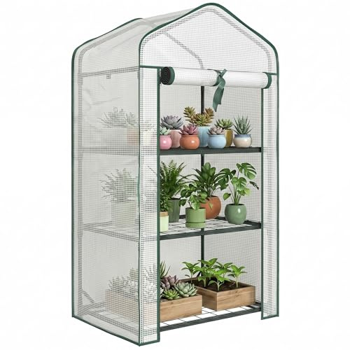 Outsunny Serra da Balcone a 3 Livelli per Orto 59x39x127 cm Bianco | Porta Avvolgibile, Struttura in Acciaio, Copertura PVC, per Piante Orto Verdure Fiori Frutta