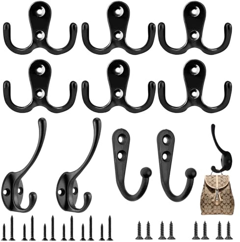 PIMXL 10 Piezas Ganchos para Colgar Ropa, Ganchos Percheros Percha, Gancho Perchero Antiguo, Pequeños Ganchos de Metal Doble Retro para Dormitorio, Armario, Baño (Negro)