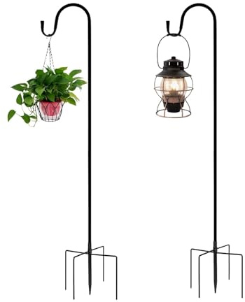 Eidoct 2 Pack Shepherds Crook Hooks, 120cm Shepherds Hooks with 5 Prong Base, Garden Border Hooks for Lanterns Lights, Wedding Decorations, Plant Baskets,Bird Feeder Pole,3 Section Stitching