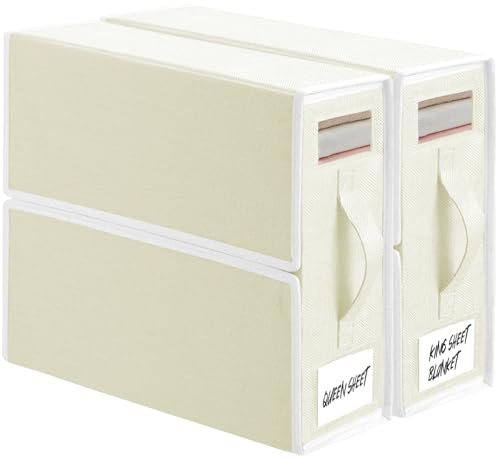 TAHAVICE Organizer per Lenzuola per Armadio, 2 Confezione Contenitore Organizzatore per Biancheria da Letto con Cerniera e Maniglia per il Trasporto, per Lenzuola, Vestiti, Coperte, Beige