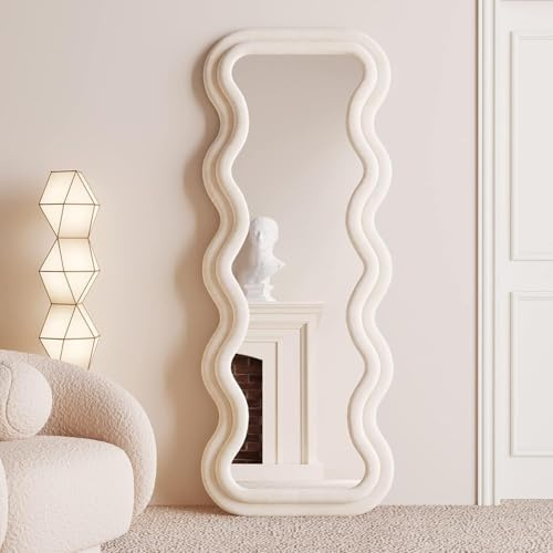 Melodieux Gewellter Spiegel 160x60cm Groß Standspiegel Ganzkörperspiegel Wandspiegel mit Cremefarben Flanell umwickelter holzrahmen Hängend oder kippend Ganzkörper Spiegel
