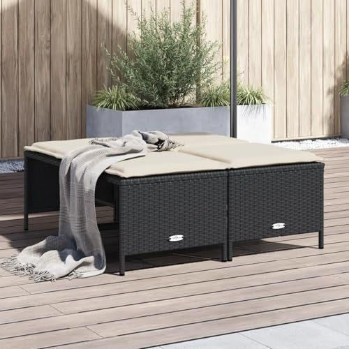 JUDYY Gartenhocker mit Kissen 4 STK. Schwarz Poly Rattan, Balkon Hocker, Fusshocker Garten, Hocker Garten, Fußhocker Für Sessel, Gartenmöbel Hocker - 368362