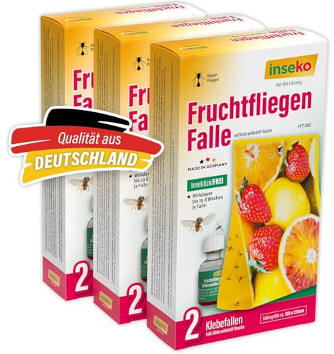 inseko 3X Fruchtfliegenfalle Set – Obstfliegenfalle für die Küche – inkl. Lockmittel & 2 Klebefallen – Sicher & Nachhaltig gegen Fruchtfliegen – Made in Germany