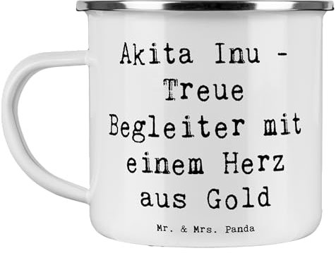 Mr. & Mrs. Panda Camping Emaille Tasse Spruch Akita Inu Herz - Geschenk, Hunderasse, Hund, Edelstahl Trinkbecher, Outdoor Becher, Emailletasse,