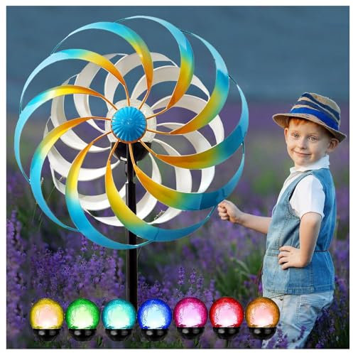 Solar Windrad Metall Garten, Windspiele FüR DraußEn Stehend Edelstahl Kugellager, WindräDer Balkon FüR Den AußEnbereich,Terrasse,Blue