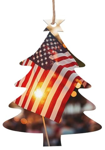 Luckily&Day Feuerwerk Amerikanische Flagge 4. Juli Druck Weihnachtsbaum Form Weihnachtsbaum hängende Holzornamente Tür Geschenke Schilder Xmas Decor 4 Stück
