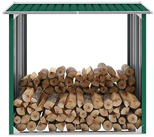 ShGaxin Brennholzlager, Kaminholzregal Aussen, Holzstapelhilfe, Carport, Sichtschutz Garten, Kaminholzregale, Verzinkter Stahl 172x91x154 cm Grün