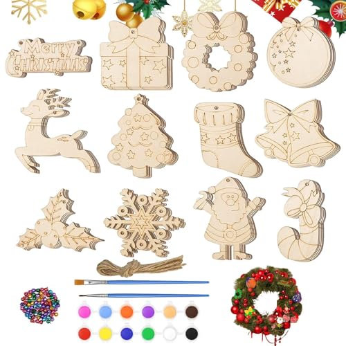 Zubehors Weihnachtsschmuck aus zum Bemalen,Holzschmuck zum Basteln - Holzanhänger 60 X,Weihnachtsbaumschmuck, Feiertagsdekorationen mit Pinseln, Palettenglocken, Seilen, weihnachtliches