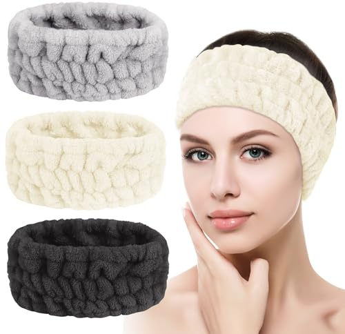 Fllintronic 3 stycken spa ansikts-pannband, ansikte frotté kosmetika hårband, yoga sport elastisk make-up pannband för kvinnor, för makeup och tvätt (krämvit/ljusgrå/svart)