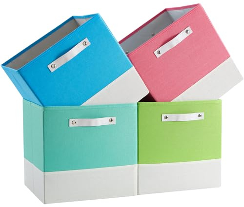 FABINADO Storage Boxes Fit KALLAX | 260g/㎡ Fabric Cubby Organizer Basket for Bookshelf, Closet, Wardrobe | Cube Unit Drawer Insert | 4 Pack, Macaron & White (Green/Pink/Blue/Cyan), 33x38x33cm