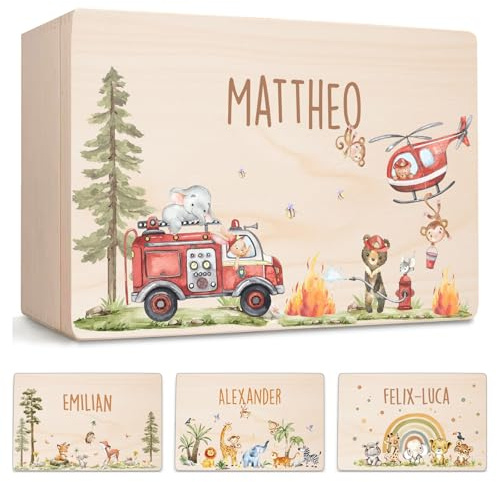 Little Deco Personalisierte Baby-Erinnerungskiste aus Holz | M - 30 x 20 x 13 cm | mit Feuerwehr Tiere Geschenk zur Geburt Taufe Geburtstagsgeschenk für Mädchen & Jungen XHL1016-04M