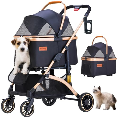 GdnWings Pet Stroller for Small Dogs, Lightweight Small Dog Stroller for Dogs Cats with 6 Shock Absorption System, Detachable Carrier Suitable for Car Seat & Hand Carry, Safe Outings, Black