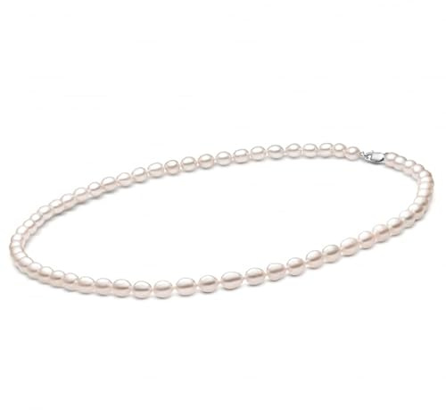 Gaura Perlenkette Damen – Weiße ovale Süßwasserperlen 6–6,5 mm • 50 cm Matinee-Länge • Rhodiniertes 925 Sterling Silber • Zeitlos eleganter Damenschmuck & Geschenk