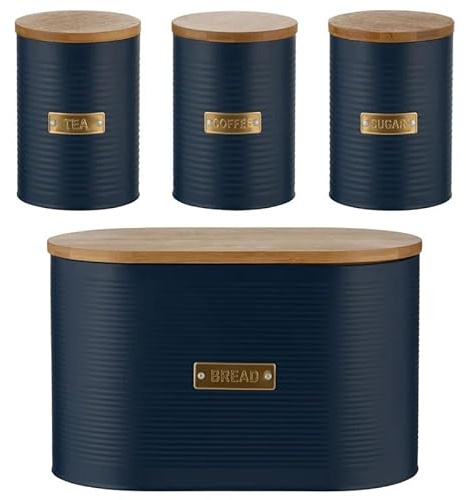 Typhoon Otto Kitchen Storage Canister Set, Black Metal with Bamboo Lids, Tea Coffee Sugar Containers and Bread Bin (Navy Set of 4)