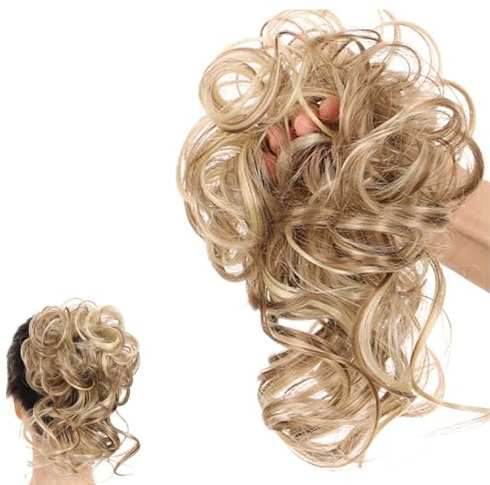 GWAWG Hairpiece with Elastic Band, Messy Bun Hairpiece with Elastic Band, Synthetic Hair Scrunchie with Hair, Tousled Updo Hairpieces for Women Girls (Light ash blonde mix bleach blonde)