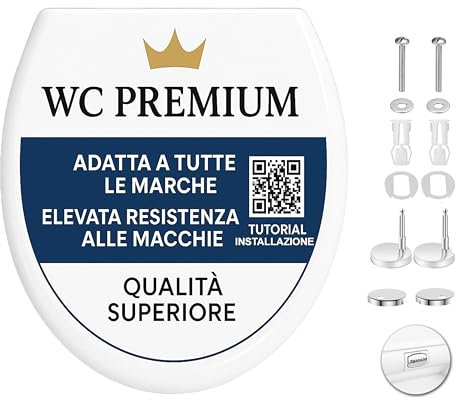 HAND - Tavoletta WC Universale con Chiusura Ammortizzata, Sgancio Rapido, Cerniere Acciaio Inox, Antiruggine, Antibatterico, Bianco, Chiusura Rallentata, Copriwater, Copri Water (Premium)
