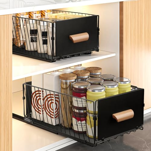 EOJDDPA Telescopic Pull Out Cabinet Organiser 2PCS, Extendable Kitchen Cupboard Organiser with Quiet Glides, 40D x 24W x 17H cm Carbon Steel Pull Put Drawers for Kitchen Cupboards, No Drilling
