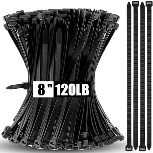 Reallnaive 500 Pcs 8 Inch Zip Ties Heavy Duty 120 Lbs Tensile Strength Black Nylon Wire Cable Ties Bulk for Indoor Outdoor