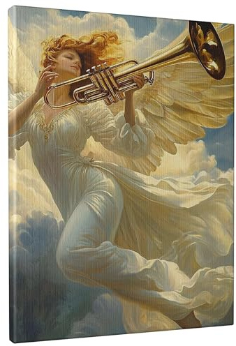 Heavenly Angel Playing Trumpet Canvas Wall Art, Soft Cream Gold Toned Angelic Music Wall Decor, Spiritual Home Aesthetic for Living Room, Bedroom, Christmas, Gift, Wrapped Canvas 12x16 Inch