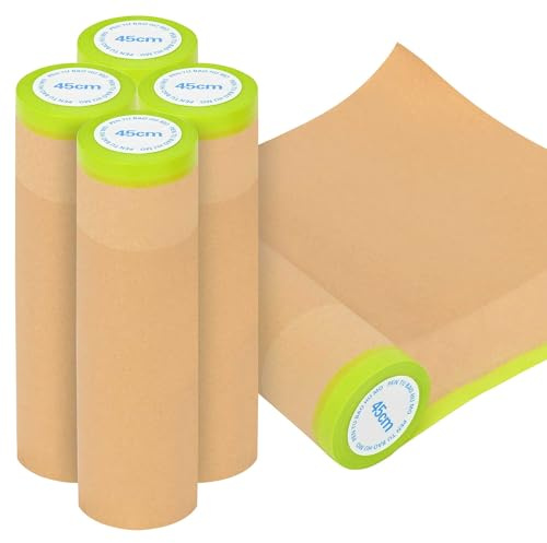 aleawol 5 Rolls Pre-Taped Kraft Masking Paper for Spraying, 45 cm x 15 m | Tape and Drape Masking Film, Painting Dust Sheet Drop for Painting, Car, Furniture, Floor and Carpet Protection