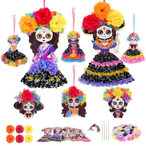 LAMEK 8 SET Halloween Bastelsets für Kinder Moosgummi Tag Der Toten Deko zum Basteln Dia De Los Muertos Kreative Kunsthandwerk mit Aufkleber für Jungen Mädchen Halloweenzeit Karneval Geburtstag