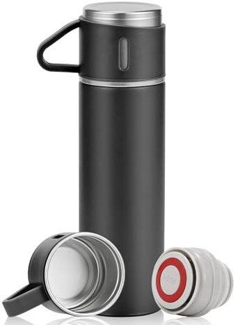 500ml Thermoskanne für warm&kalt,Edelstahl Trinkflasche,Thermosflasche mit Becher,Auslaufsichere Isolierflasche,Wasserflasche Vakuum Isolierbecher,Isolierte Wasserflasche für Sport Camping (Schwarz)