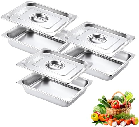 Kamanan Panierschalen Set 3-Teilig mit Deckel, GN 1/2 Behälter aus Edelstahl, Gastro Behälter für Schnitzel, Fischkoteletts, Hähnchenkoteletts, Panieren, 32,5 X 26,5 X 6,5 cm