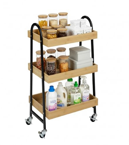 BRINDEK Carro de Almacenamiento de 3 Niveles, Carrito con Ruedas, Carrito Auxiliar de bambú y Metal Negro para Cocina, Baño, Oficina | Carro Organizador con Ruedas giratorias y Freno | 76x42,5x30 cm