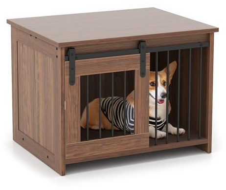 COSTWAY Cuccia per Cani da Esterno ed Interno, Gabbia in Legno con Ampio Piano Superiore, Porta Scorrevole, Tubi in Metallo Resistenti alla Masticazione, Casetta per Cani Piccoli e Medie (Marrone)