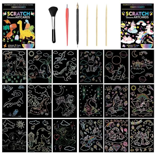 VLYX Kratzkunst-Set, 8-teiliges Regenbogen-Kratzpapier mit Stift und Holzwerkzeugen für Kinder und Erwachsene, Cartoon-Tiere Kunst- und Bastelset