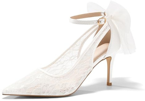 Coutgo Womens Lace High Heels Closed Pointed Toe Stiletto Pumps Bow Tie Ankle Strap Wedding Party Dress Shoes, White, Size 9