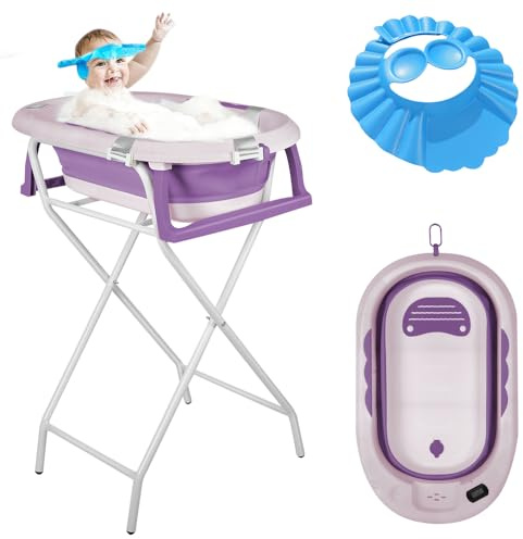 Baignoire pour bébé, 81,5 × 48 × 21 cm, baignoire thermosensible + support 55 × 47 × 89,5 cm, avec tapis de bain et bonnet de bain