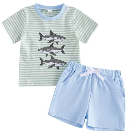 Kavousa Toddler Boy Summer Outfits Baby Boy Animal Print Short Sleeves T-Shirt Plaid Shorts Set Infant Boy Clothes Set (Fishing Striped Blue, 2-3T)